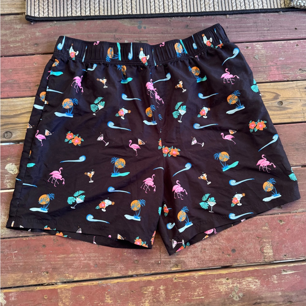 KS Island Black Swim Trunks with Tropical Flamingo Print